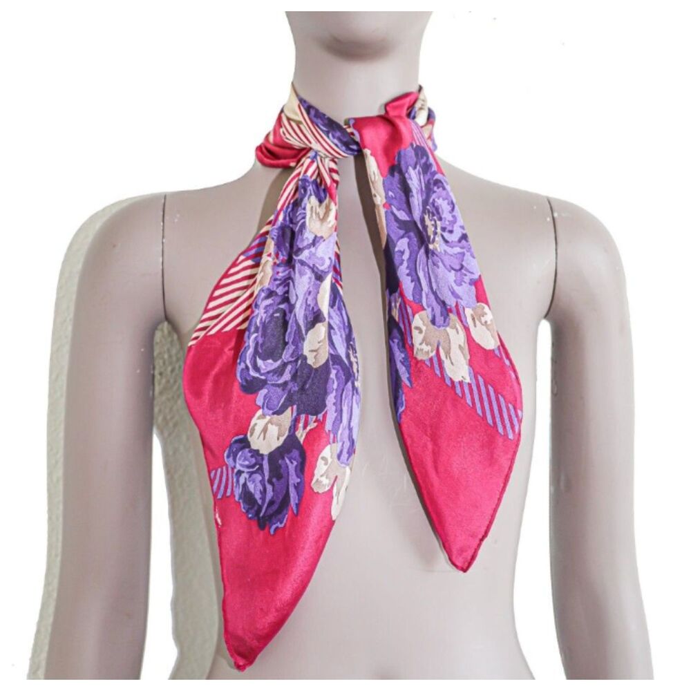Bill Blass Vintage Silk Scarf Pink Purple Floral Plaid Wrap Shawl Luxury
